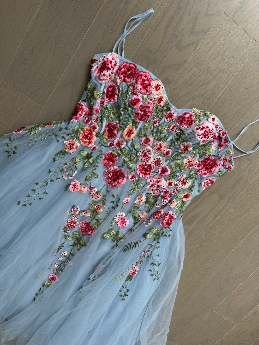 Ieena for Mac Duggal Powder Blue Tulle Midi Dress Embroidered Roses Bustier - 14 - Picture 6 of 11